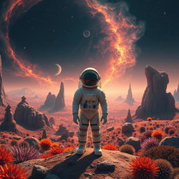 A lone astronaut standing on an alien planet, surrounded by a breathtaking landscape of colorful alien flora and unusual rock formations