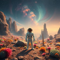 A lone astronaut standing on an alien planet, surrounded by a breathtaking landscape of colorful alien flora and unusual rock formations