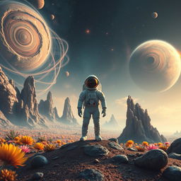 A lone astronaut standing on an alien planet, surrounded by a breathtaking landscape of colorful alien flora and unusual rock formations