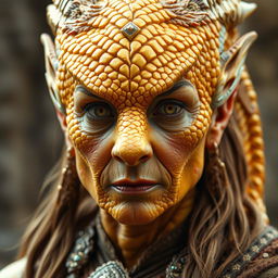 A captivating portrait of a middle-aged golden dragonborn lady