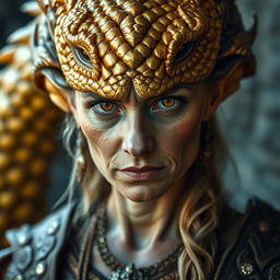 A captivating portrait of a middle-aged golden dragonborn lady