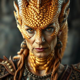 A captivating portrait of a middle-aged golden dragonborn lady