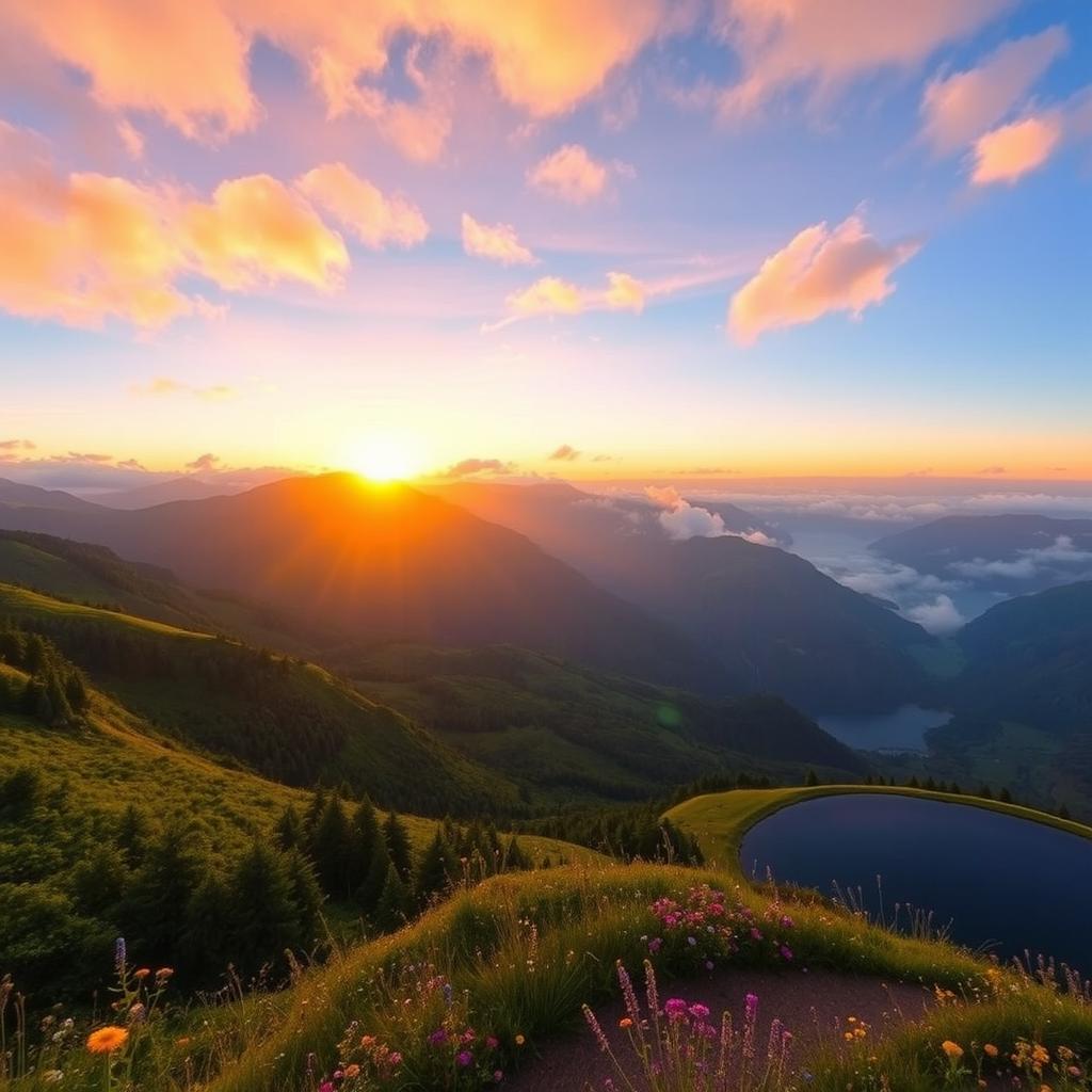 An expansive, breathtaking vista of a lush, green mountain range during sunrise, with the golden sun casting a warm glow over the misty valleys