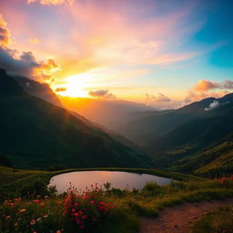 An expansive, breathtaking vista of a lush, green mountain range during sunrise, with the golden sun casting a warm glow over the misty valleys