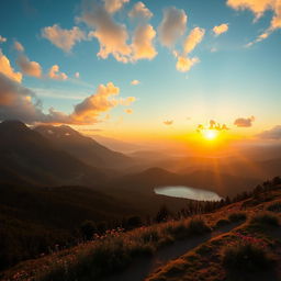 An expansive, breathtaking vista of a lush, green mountain range during sunrise, with the golden sun casting a warm glow over the misty valleys