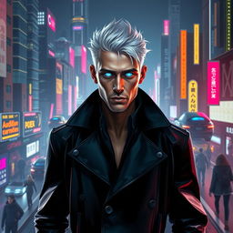 A futuristic digital art portrait of a mysterious man with silver hair and glowing blue eyes, standing in front of a bustling cyberpunk cityscape at night