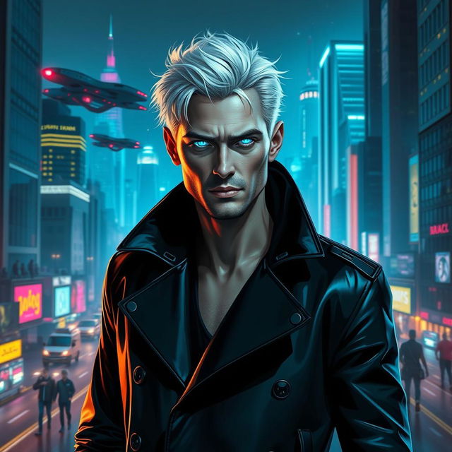 A futuristic digital art portrait of a mysterious man with silver hair and glowing blue eyes, standing in front of a bustling cyberpunk cityscape at night