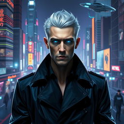 A futuristic digital art portrait of a mysterious man with silver hair and glowing blue eyes, standing in front of a bustling cyberpunk cityscape at night