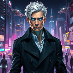 A futuristic digital art portrait of a mysterious man with silver hair and glowing blue eyes, standing in front of a bustling cyberpunk cityscape at night