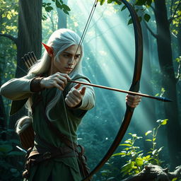 In an enchanting forest, a white-haired elf man is skillfully using a bow