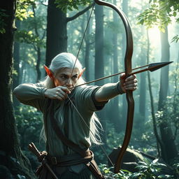 In an enchanting forest, a white-haired elf man is skillfully using a bow