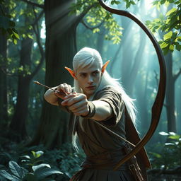 In an enchanting forest, a white-haired elf man is skillfully using a bow