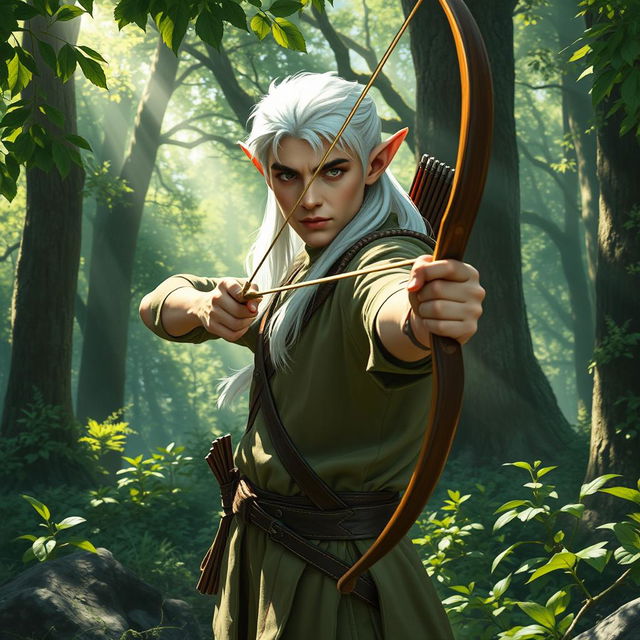 In an enchanting forest, a white-haired elf man is skillfully using a bow