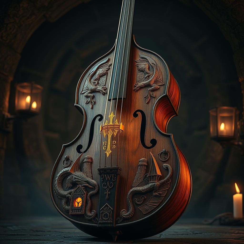 A unique and imaginative design of a bass cello inspired by Dungeons & Dragons