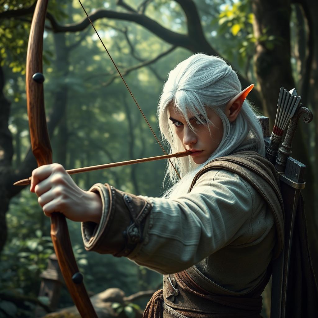 In a magical forest setting, a white-haired elf man is expertly using a bow