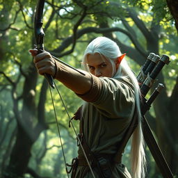 In a magical forest setting, a white-haired elf man is expertly using a bow