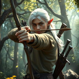 In a magical forest setting, a white-haired elf man is expertly using a bow