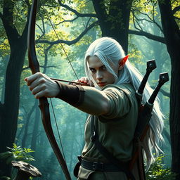 In a magical forest setting, a white-haired elf man is expertly using a bow