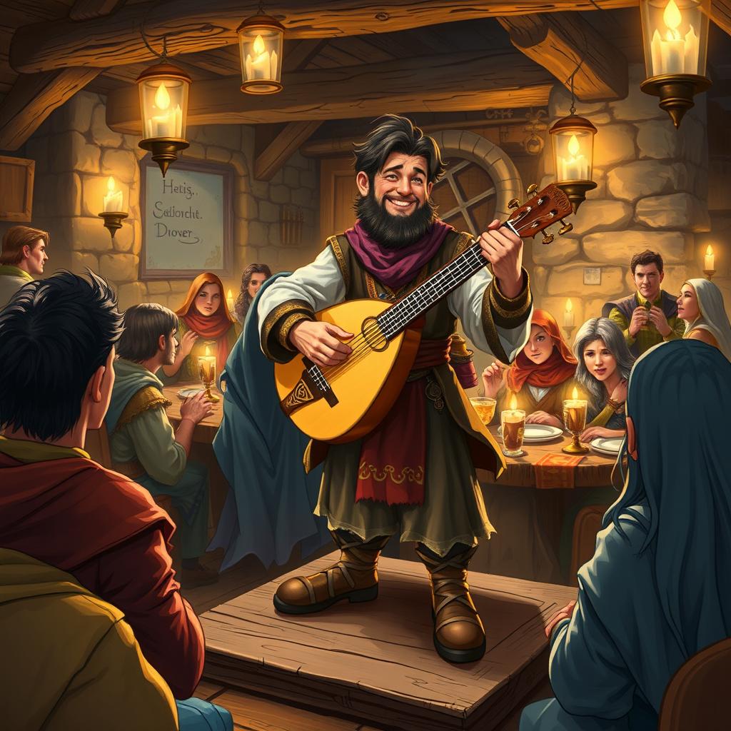 A detailed and vibrant illustration of a Dungeons & Dragons scene featuring a character skillfully playing a lute