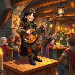 A detailed and vibrant illustration of a Dungeons & Dragons scene featuring a character skillfully playing a lute