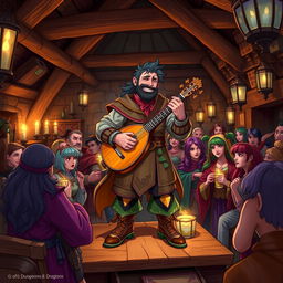 A detailed and vibrant illustration of a Dungeons & Dragons scene featuring a character skillfully playing a lute