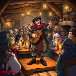 A detailed and vibrant illustration of a Dungeons & Dragons scene featuring a character skillfully playing a lute