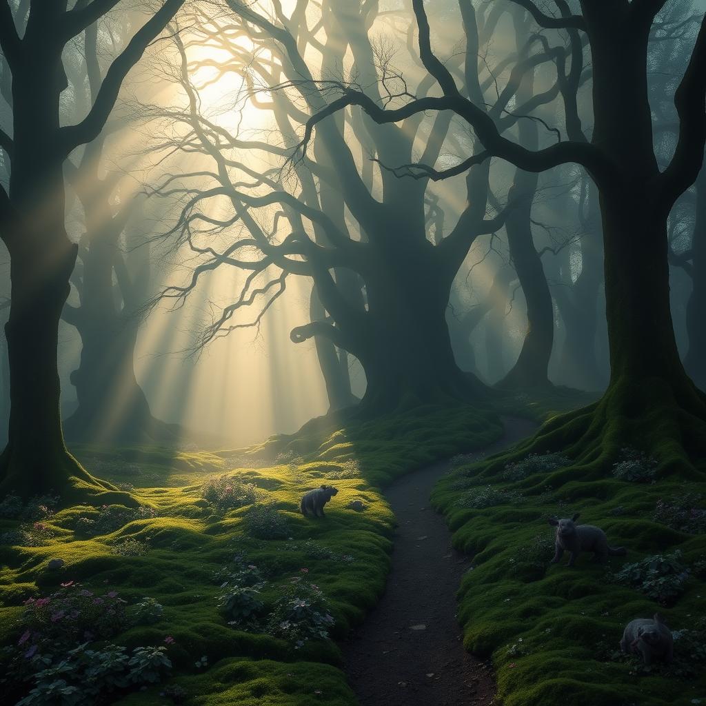 A mysterious, misty forest at dawn, with soft sunlight filtering through the dense canopy of ancient trees