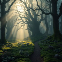 A mysterious, misty forest at dawn, with soft sunlight filtering through the dense canopy of ancient trees