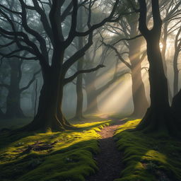 A mysterious, misty forest at dawn, with soft sunlight filtering through the dense canopy of ancient trees