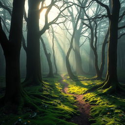 A mysterious, misty forest at dawn, with soft sunlight filtering through the dense canopy of ancient trees