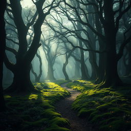 A mysterious, misty forest at dawn, with soft sunlight filtering through the dense canopy of ancient trees