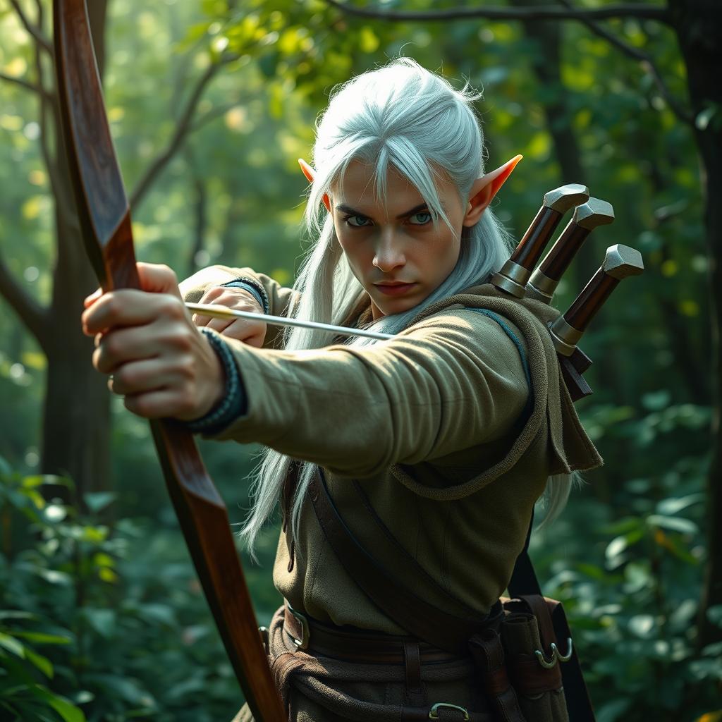 In a verdant, magical forest, a white-haired elf scout man is depicted skillfully using a bow