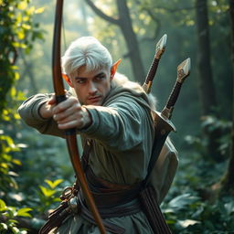 In a verdant, magical forest, a white-haired elf scout man is depicted skillfully using a bow