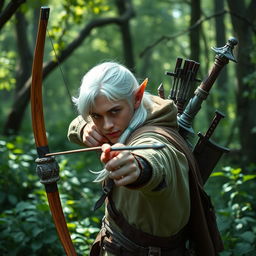 In a verdant, magical forest, a white-haired elf scout man is depicted skillfully using a bow