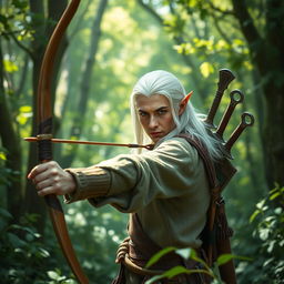 In a verdant, magical forest, a white-haired elf scout man is depicted skillfully using a bow