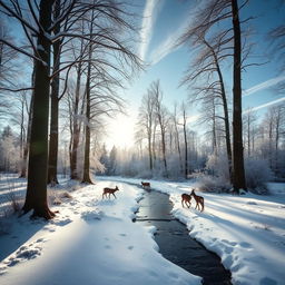 A serene forest scene with towering trees blanketed in snow