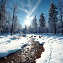 A serene forest scene with towering trees blanketed in snow