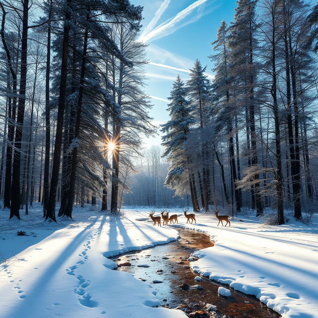 A serene forest scene with towering trees blanketed in snow