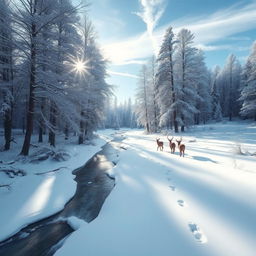 A serene forest scene with towering trees blanketed in snow