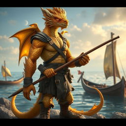 A striking male topaz dragonborn fisherman set in a Dungeons & Dragons fantasy world