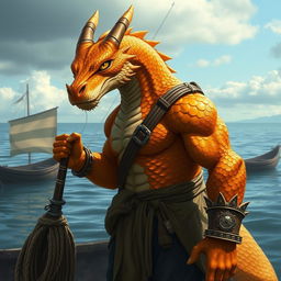 A striking male topaz dragonborn fisherman set in a Dungeons & Dragons fantasy world