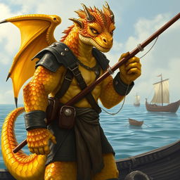 A striking male topaz dragonborn fisherman set in a Dungeons & Dragons fantasy world