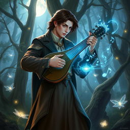 A magical illustration of a Dungeons & Dragons scene with a charismatic bard playing a mystical lute