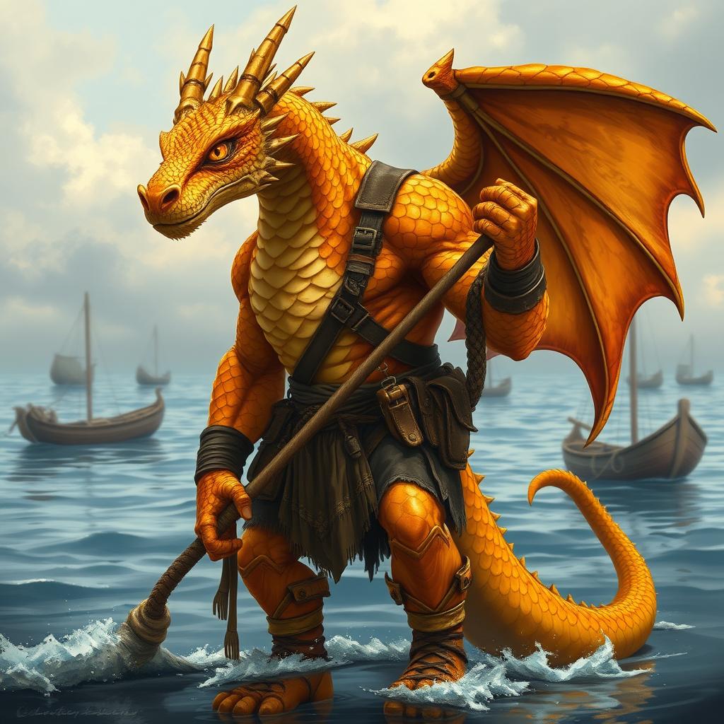 A striking male topaz dragonborn fisherman set in a Dungeons & Dragons fantasy world