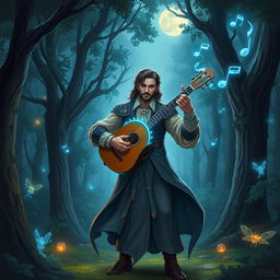 A magical illustration of a Dungeons & Dragons scene with a charismatic bard playing a mystical lute