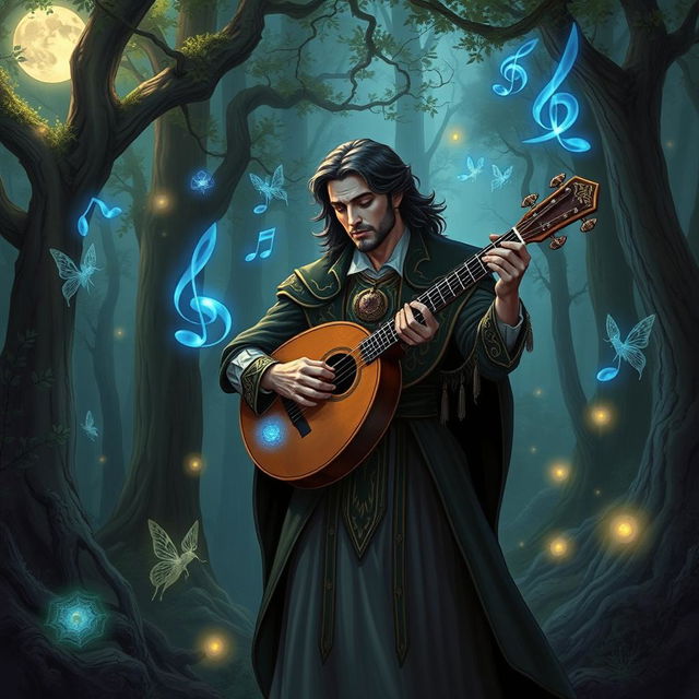 A magical illustration of a Dungeons & Dragons scene with a charismatic bard playing a mystical lute