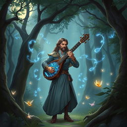 A magical illustration of a Dungeons & Dragons scene with a charismatic bard playing a mystical lute