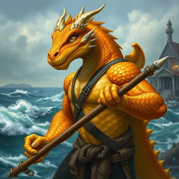 A formidable male topaz dragonborn depicted as a harpoon fisher in a Dungeons & Dragons fantasy setting