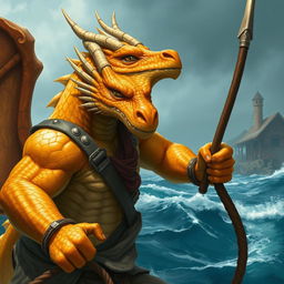 A formidable male topaz dragonborn depicted as a harpoon fisher in a Dungeons & Dragons fantasy setting