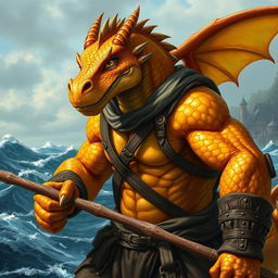 A formidable male topaz dragonborn depicted as a harpoon fisher in a Dungeons & Dragons fantasy setting